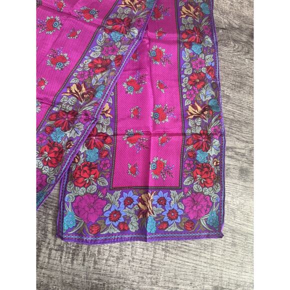 Vintage Liz Claiborne 100% Silk Scarf Purple Flowers Floral Vibrant Rectangle - Picture 4 of 11